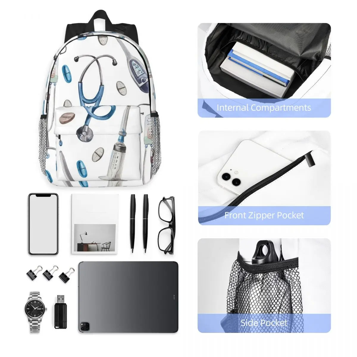 Watercolor Hospital Medical Pattern Backpacks Boys Girls Bookbag Fashion Students School Bags Laptop Rucksack Shoulder Bag